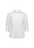 A white women's 3/4 sleeve shirt with a collar, featuring a button-up front and a logo on the label.