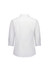 A white women's 3/4 sleeve shirt with a collared neckline and a back yoke, featuring a logo.