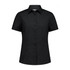 A black short sleeve women's shirt featuring a button-up front and a collar, with a subtle logo.