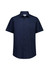 A classic fit short sleeve shirt in navy blue, featuring a button-up front and a collar, with a logo on the label.