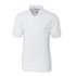 A white men's polo shirt with a collared neck and short sleeves, featuring a logo on the chest.