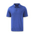 A blue polo shirt with a three-button placket and a collar. The garment features a branding logo.