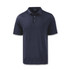 A navy blue men's polo shirt with a collar and three buttons, featuring a logo on the chest.