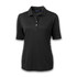 A women's polo in black with a collar, short sleeves, and a button placket. It features a logo.