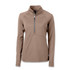A tan women's half zip top with long sleeves and a quarter zip neckline, featuring a logo on the front.