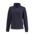 A navy half zip jacket for women, featuring long sleeves and a collar. It has a logo on the sleeve.