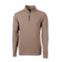 A men's half zip pullover in a light brown shade, featuring long sleeves and a zippered collar. It has a logo.