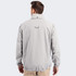 A men's full zip jacket in light grey, featuring a collar and elastic cuffs, with a logo on the back.