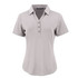 A women's polo shirt in light grey with a collar and button placket, featuring a logo.