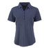 A navy women's polo shirt with a collared neck and five-button placket, featuring a branding logo.