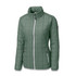 A women's jacket in a muted green colour with a quilted pattern, featuring a full front zipper and zippered pockets.