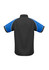 A short sleeve shirt featuring a black body with blue sleeves and white accents. It has a logo on the front.