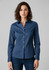 A women's long sleeve button-up shirt in navy blue with a collared design and a fitted silhouette.
