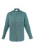 A green long sleeve button-up shirt with a collar and front buttons, featuring a logo on the label.