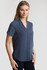 A women's button-up shirt in a navy blue colour with short sleeves and a v-neck design. It features a logo.