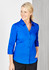 A blue button-up shirt with 3/4 sleeves worn by a smiling woman, featuring a collar and buttons down the front.