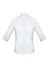 A white 3/4 sleeve button-up shirt with a collar and rolled cuffs, featuring a logo on the back.