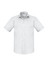 A light grey short sleeve button-up shirt with a chest pocket and a brand logo.
