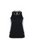 A black women's singlet with grey side panels and a logo on the front. Ideal for sports and casual wear.
