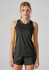 A black and yellow women's singlet featuring a sleek design and a branding logo.