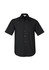 A black short sleeve button-up shirt with a chest pocket and a branded logo.