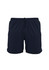 Navy blue sports shorts featuring an elastic waistband and a logo. Ideal for activewear and comfortable movement.