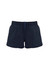 A pair of dark navy women's sports shorts with an elastic waistband and drawstring detail. Features a logo.