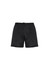 A pair of black sports shorts with a drawstring waist and a logo on one side.