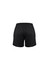 A pair of black sports shorts with an elastic waistband and a logo on the side.