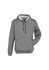 A grey hoodie with a hood, front pocket, and drawstrings, featuring a logo. The interior is a lighter shade.