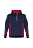 A navy hoodie with red accents and a zippered neck, featuring a hood and a logo.