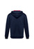 A navy blue hoodie featuring a red interior. It has a hood and long sleeves, with a logo on the back.