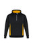 A black hoodie with yellow side panels and a zippered neck. It features a hood and has a logo on it.