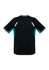 A black short sleeve tee with turquoise accents and reflective details on the shoulders, featuring a logo.
