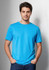 A blue short sleeve men's T-shirt, featuring a round neck and a smooth fabric finish. The model stands casually, hands in pockets.