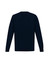A navy blue mens knit pullover with long sleeves and a crew neck design. Features a logo on the back.
