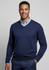 A navy knitted jumper with a V-neck and fitted cuffs, worn over a light blue collared shirt. Features a logo.