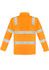 A unisex hi-vis softshell jacket in bright orange with reflective stripes on the back. Features a logo.