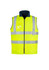 A lightweight waterproof vest in high visibility yellow, featuring reflective stripes and a zip front. It has a logo.