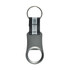 A drink bottle opener in matte grey with a black and white striped strap and a keyring attachment.