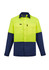 A long sleeve shirt in high visibility yellow and navy blue, featuring two chest pockets and a logo.
