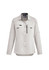 A light grey women's long sleeve button-up shirt with two front pockets and a zippered pocket. Styled for outdoor use.