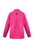 A pink women's outdoor long sleeve button-up shirt with a logo on the back. Features roll-up sleeves.