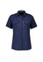 A women's short sleeve shirt in navy blue with multiple pockets and a logo.