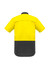 A short sleeve shirt featuring a bright yellow upper and dark grey lower section, with a logo on the back.
