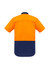 A short sleeve work shirt featuring a hi-vis orange upper with a navy blue lower section and a brand logo.