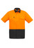 A short sleeve work shirt in high visibility orange and black, featuring two chest pockets and a logo.