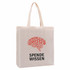 A natural-coloured tote bag with a gusset, featuring a logo and text in red and black.