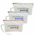 A set of three canvas cosmetic bags in white, featuring zippers in black, red, and blue, each with a logo.