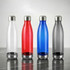 A drink bottle collection featuring clear, red, blue, and grey plastic designs with stainless steel caps and bases.